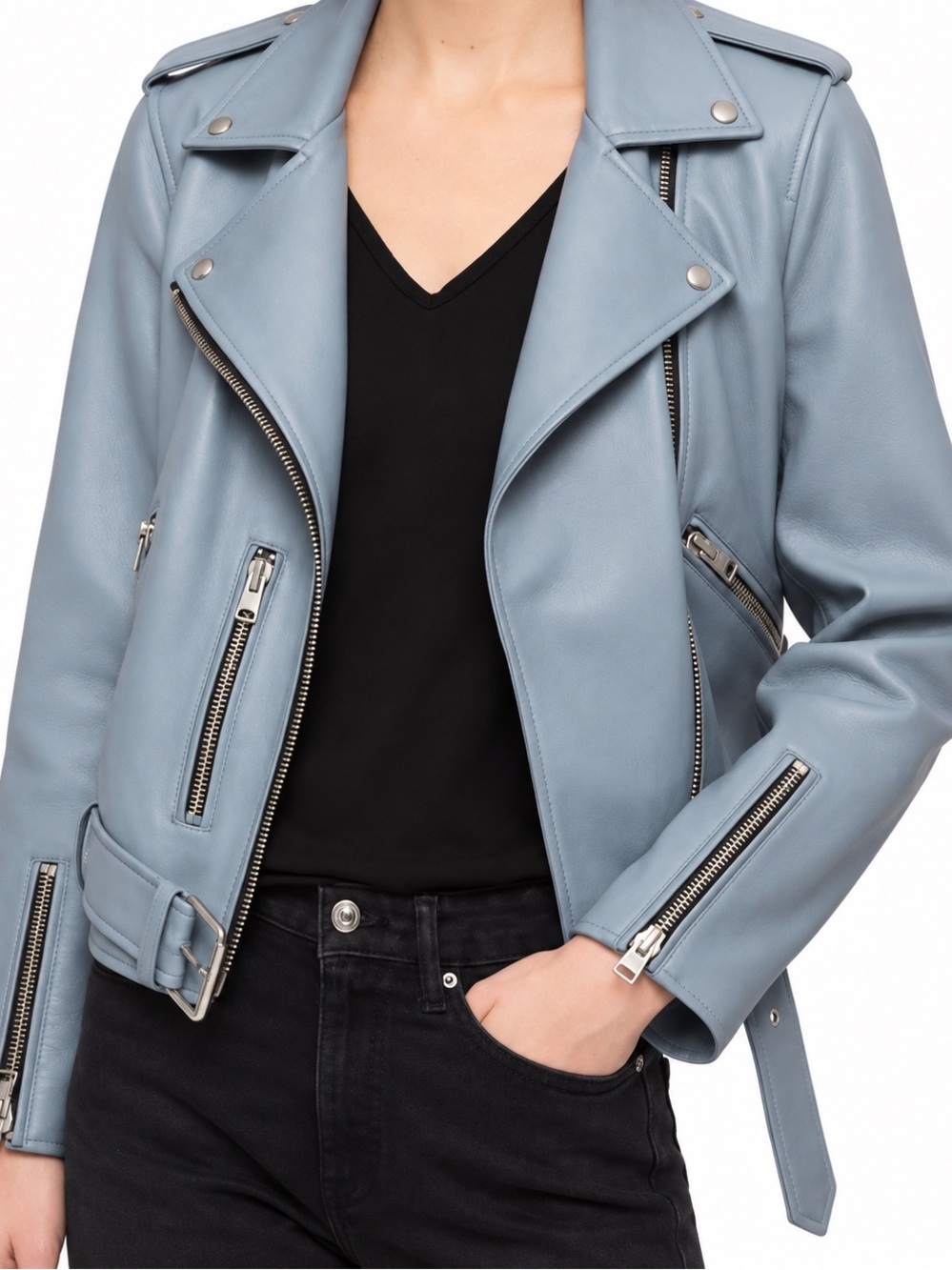 AllSaints Pale Blue Leather Moto Jacket with Silver Hardware